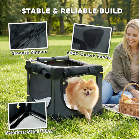 PawHut Soft Dog Crate Pet Travel Crate 60 x 42 x 43 cm with Removable Pad Mesh Window Army Green