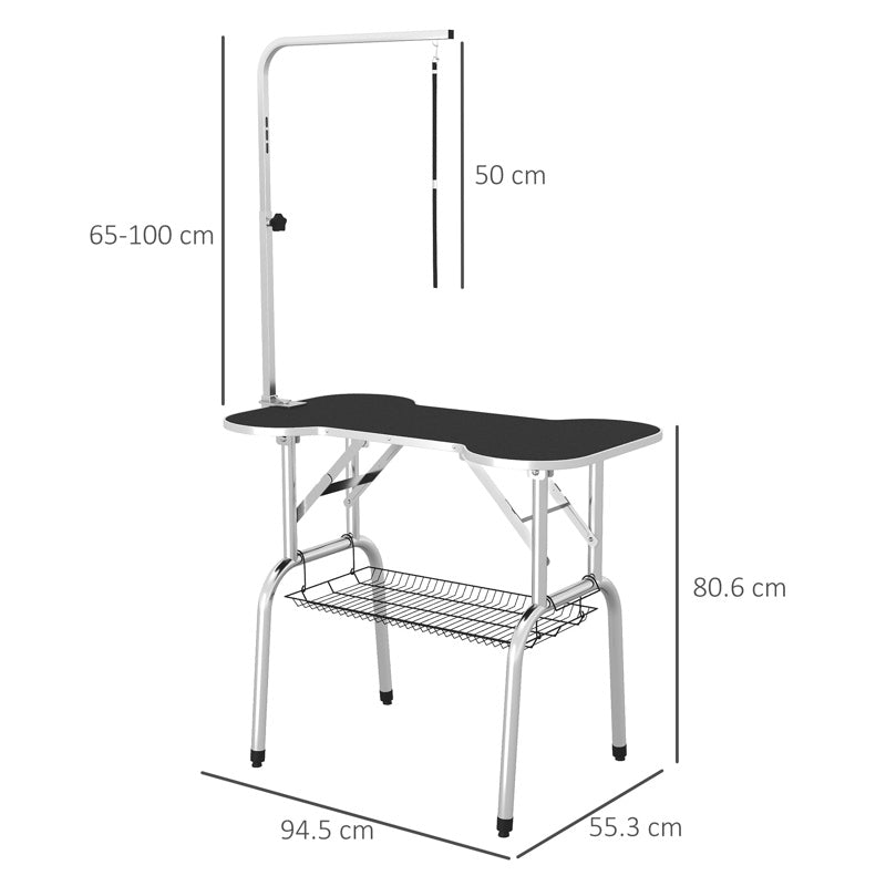 PawHut Foldable Dog Grooming Table Pet Drying Table with Adjustable Arm Non-Slip Rubber Tabletop Aluminium Alloy Edge Stainless Steel Bar Sling 94.5 x 55 x 81cm Black