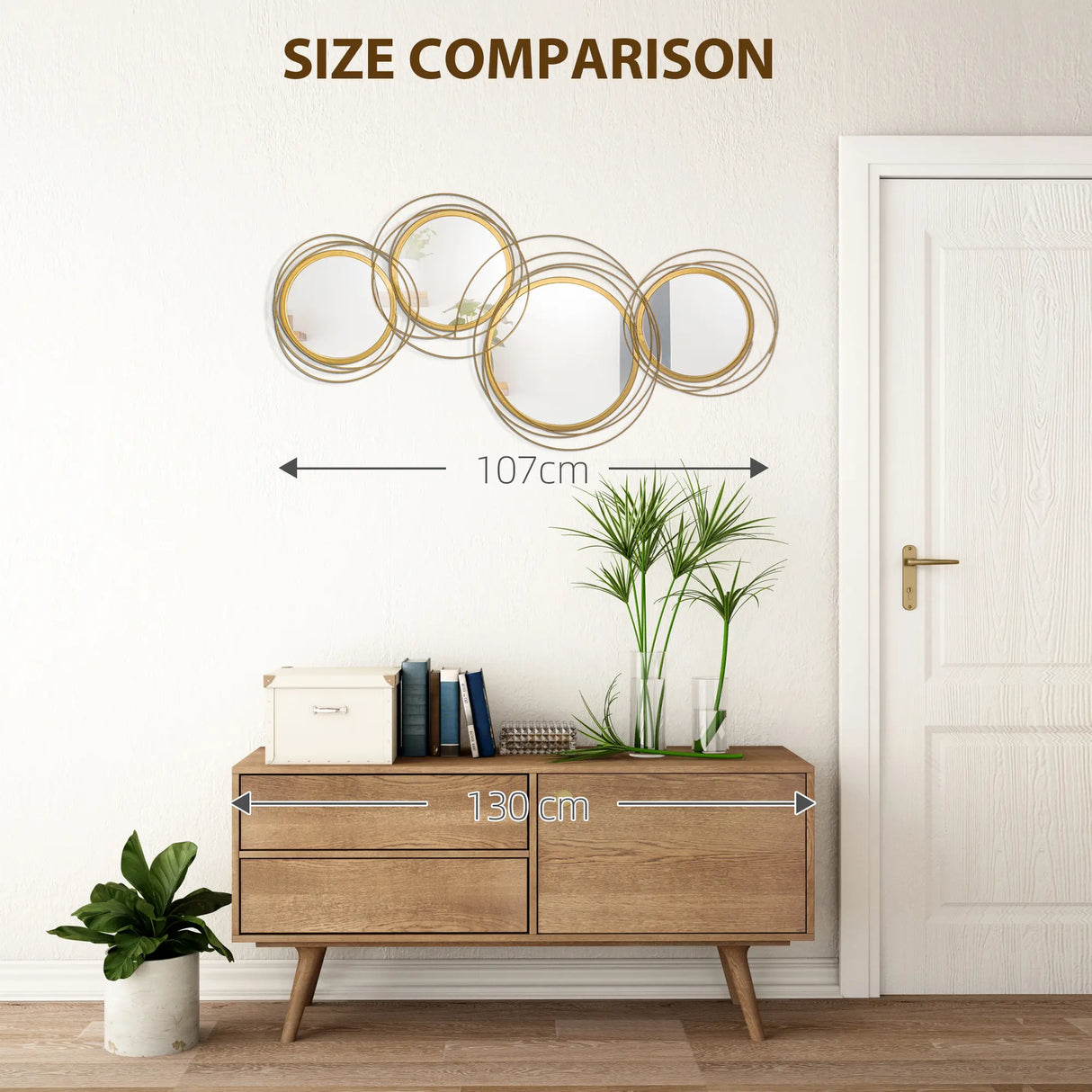 HOMCOM Metal Wall Mirrors, 107cm Modern Decorative Gold Mirror Decor Hanging, Home Wall Sculptures for Living Room Bedroom Dining Room