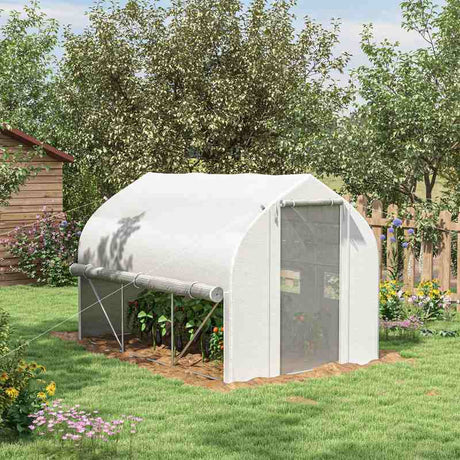 Outsunny 3 x 2(m) Walk-in Polytunnel Greenhouse, Zipped Roll Up Sidewalls, Mesh Door, 6 Mesh Windows, Tunnel Warm House Tent with PE Cover, Complimentary Plant Labels and Gloves, White