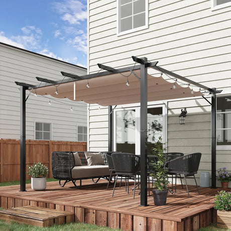 Outsunny 3m x 3m Pergola - Retractable Aluminium 3x3 Garden Shade for Outdoor BBQ & Gatherings, Family Use, Brown