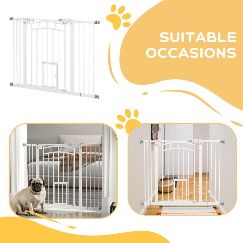 PawHut Pressure Fit Stair Dog Gate w/ Small Cat Door, Automatic Closing Door, Double Locking, for 74-100cm Openings - White