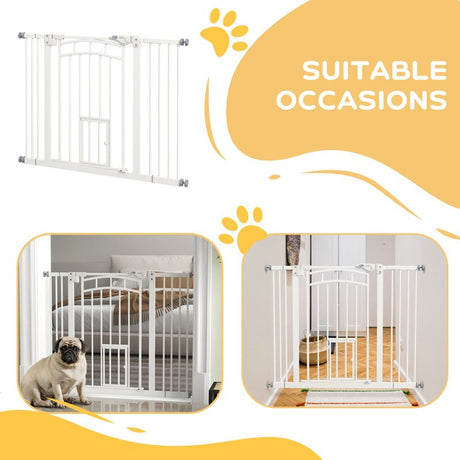 PawHut Pressure Fit Stair Dog Gate w/ Small Cat Door, Automatic Closing Door, Double Locking, for 74-100cm Openings - White