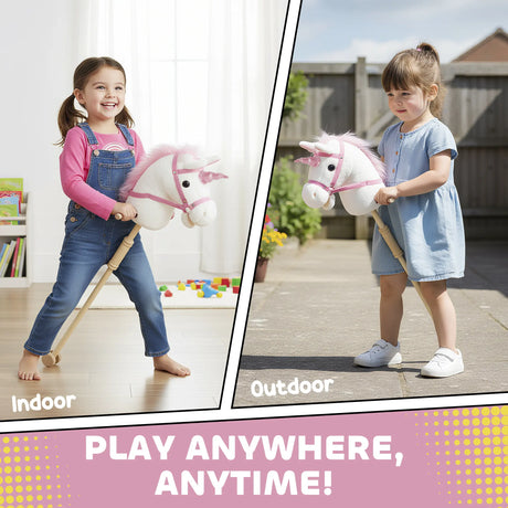 AIYAPLAY Unicorn Stick Horse with Wood Wheels, Real Pony Neighing and Galloping Sounds, Grip Handle, 95 cm, White