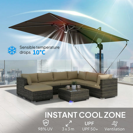 Outsunny 3 x 3 m Garden Cantilever Parasol w/ Light, Cover, UPF50+ Patio Umbrella w/ Wind Protection, 360 Rotation, Dark Grey