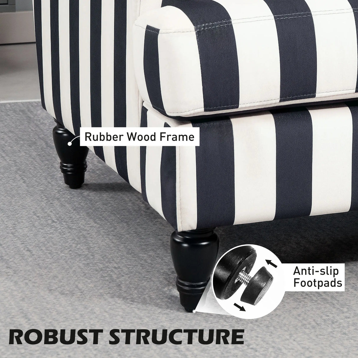HOMCOM Modern Cuddle Chair, Velvet Single Sofa Armchair with Stripe, Turned Legs and Wide Seat, Upholstered Snuggle Chair for Living Room, Bedroom, Black and White