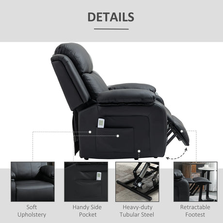 HOMCOM Riser and Recliner Chair with Massage, Power Lift Recliner Chair for Elderly with Remote Control, Extended Footrest, Dual Side Pockets, Overstuffed Electric Reclining Armchair, Black