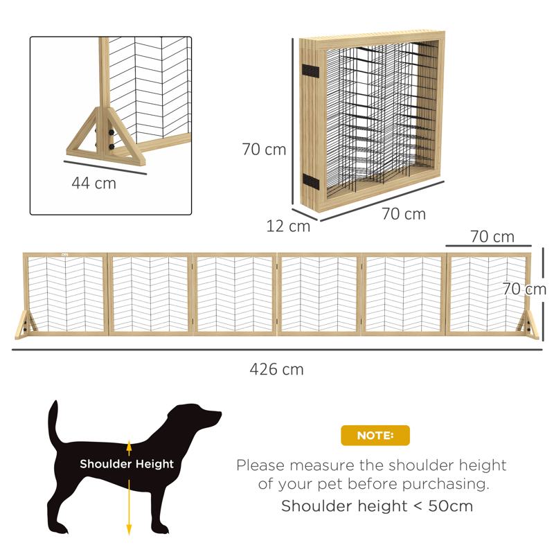 PawHut 6 Panels Pet Gate, Wooden Foldable Dog Barrier w/ Two Support Feet, for Small, Medium Dogs - Natural Wood