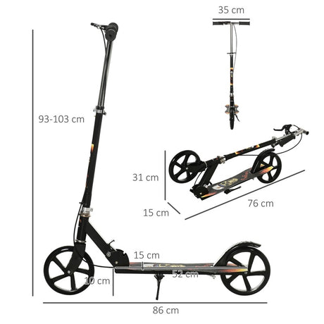 HOMCOM Kids Foldable Kick Scooter w/ Adjustable Height, Break, Big Wheels, for Ages 7-14 Years - Black