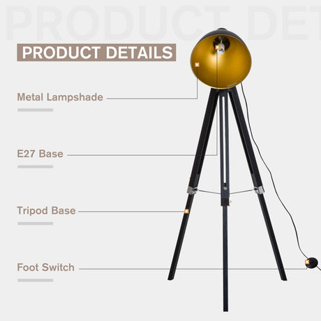 HOMCOM Tripod Floor Lamp, Spotlight Reading Lamp w/ Adjustable Height, Angle, Wood Legs for Living Room, Bedroom, Home, Office, Black and Gold