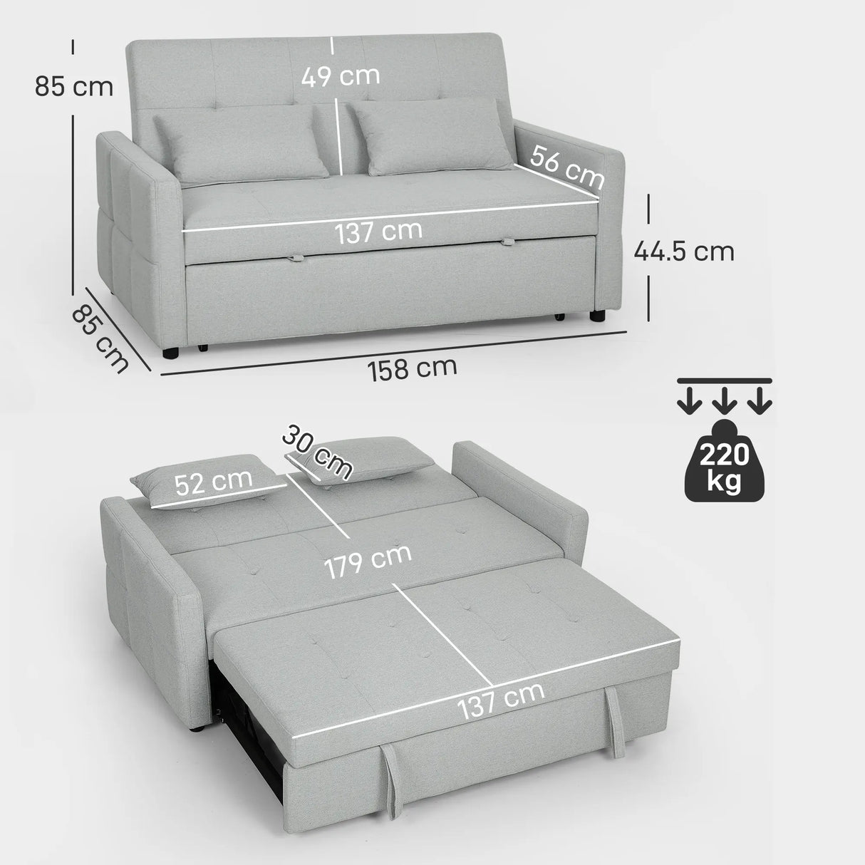 HOMCOM Three-Way Two-Seater Sofa Bed - Light Grey