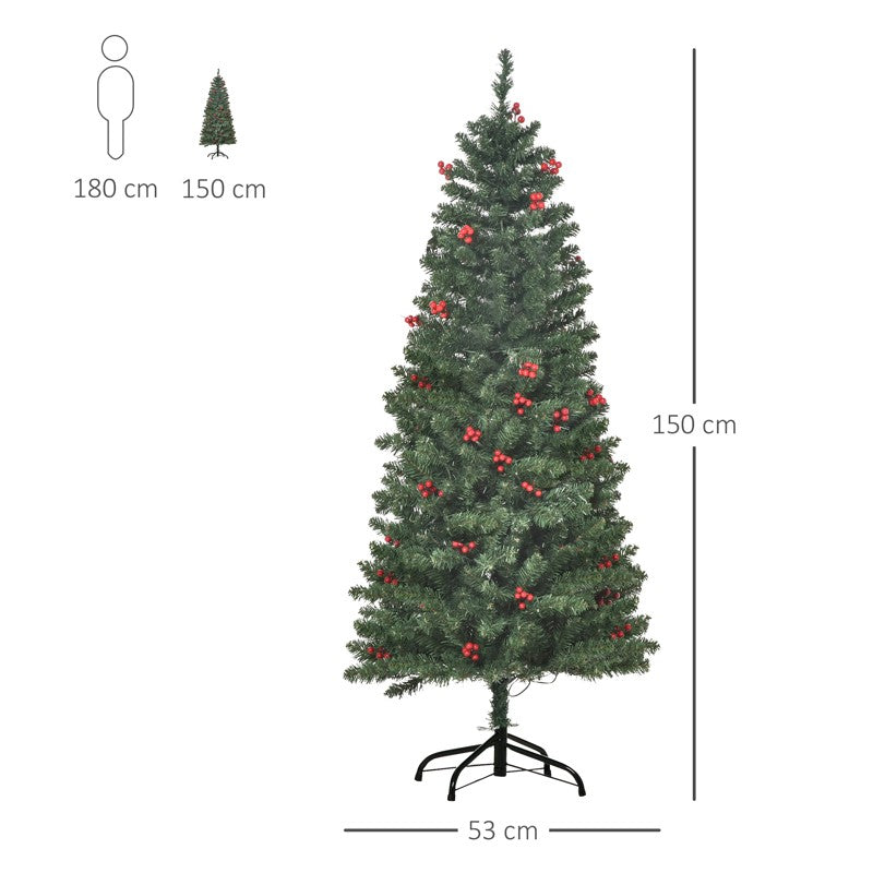 HOMCOM 5FT Prelit Artificial Pencil Christmas Tree with Warm White LED Light, Red Berry, Holiday Home Xmas Decoration, Green