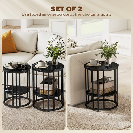 HOMCOM Set of Two Marble-Effect Coffee Tables - Black