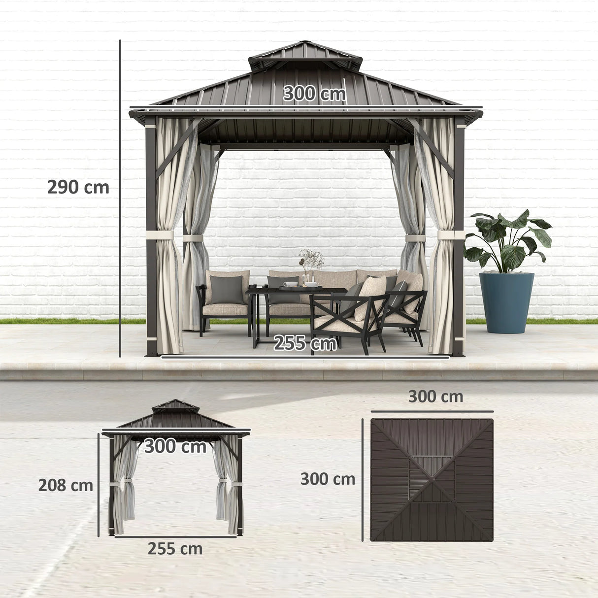 Outsunny 3 x 3(m) Hardtop Gazebo Canopy with Double Metal Roof, Waterproof Permanent Pavilion Garden Gazebo with Netting and Curtains, Easy to Assemble