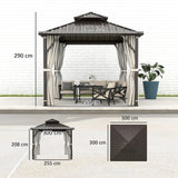 Outsunny 3 x 3(m) Hardtop Gazebo Canopy with Double Metal Roof, Waterproof Permanent Pavilion Garden Gazebo with Netting and Curtains, Easy to Assemble