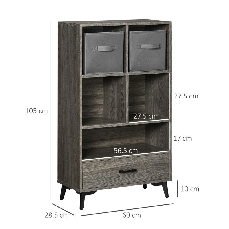 HOMCOM Freestanding Storage Cabinet, Display Cabinet with Fabric Drawers, Bookcase for Home Office, Living Room, Closet, Bedroom, Grey