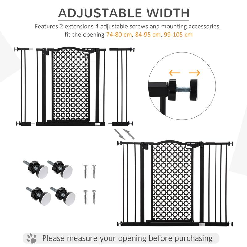 PawHut 74-105cm Pet Safety Gate Stair Barrier, with Auto Close, Double Locking - Black