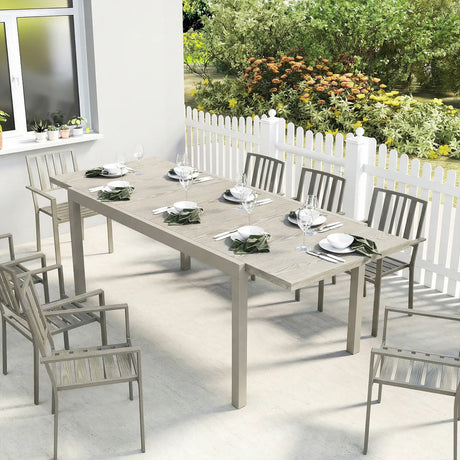 Outsunny Extending Garden Table, Aluminium Outdoor Dining Table for 8-10 with Wood-Like Grained Surface, Light Grey Wood Effect