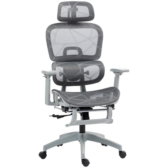 HOMCOM Executive Office Chair, Ergonomic Mesh High Back Desk Chair with Lumbar Support, Reclining Function, Swivel Computer Chair with 3D Armrest, Headrest, Footrest, Grey