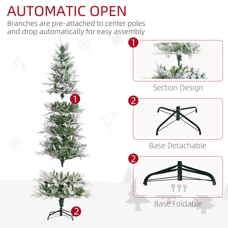 HOMCOM 7 Ft Pencil Snow Flocked Artificial Christmas Tree with Realistic Cypress Branches, Auto Open, Green