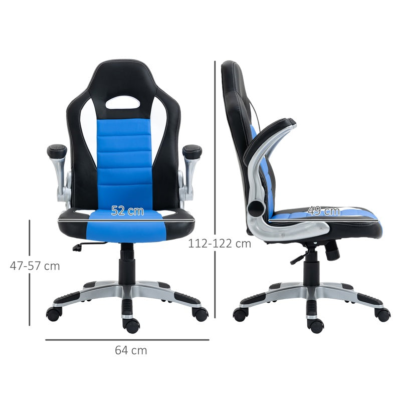 HOMCOM Computer Gaming Chair, Office Desk Swivel Chair, PU Leather Racing Chair with 90° Flip-up Armrest, Adjustable Height and Rolling Wheels, Blue