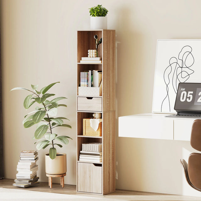 HOMCOM 6-Tier Bookcase, Tall Narrow Bookshelf with Drawer and Door - Natural Wood Finish