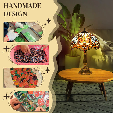 HOMCOM Stained Glass Table Lamp, Handcrafted Artisan Collectible, Suitable for Living Room and Bedside, Multi-Coloured, 30 x 48Hcm, Zinc Alloy.