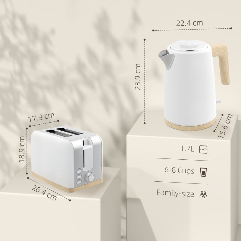 HOMCOM Kettle and Toaster Set, 1.7L 3000W Fast Boil Kettle & 2 Slice Toaster Kitchen Set with 7 Level Browning Controls, Defrost, Reheat, Auto Off, Boil-dry Protection, White