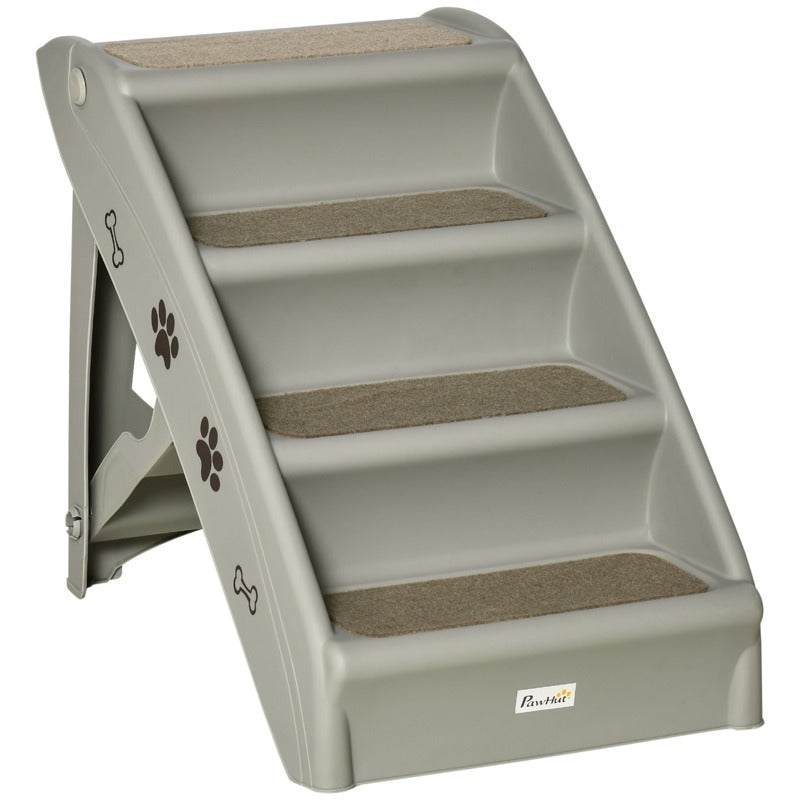 PawHut Foldable Four-Step Pet Stairs, for Cats, Small Miniature Dogs, with Non-Slip Mats 62 x 38 x 49.5cm - Grey