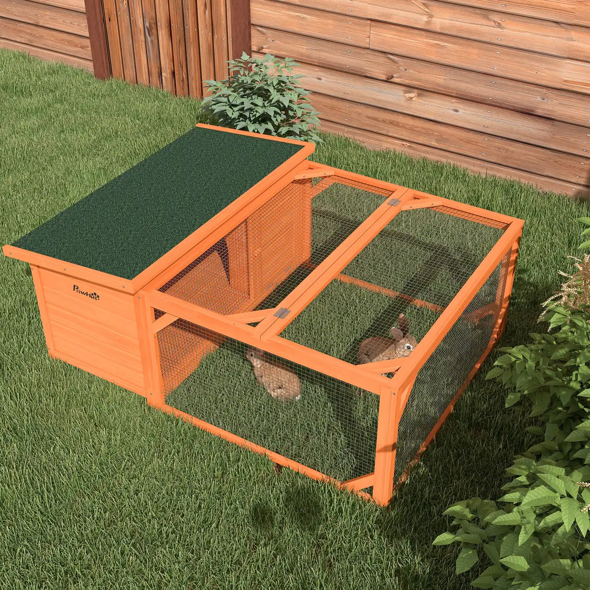 PawHut Rabbit Hutch Outdoor Guinea Pig Hutch with Run Small Animal Off-ground Duck House Hideaway Backyard with Openable Roof 125.5 x 100 x 49cm Orange