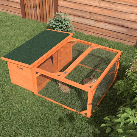 PawHut Rabbit Hutch Outdoor Guinea Pig Hutch with Run Small Animal Off-ground Duck House Hideaway Backyard with Openable Roof 125.5 x 100 x 49cm Orange