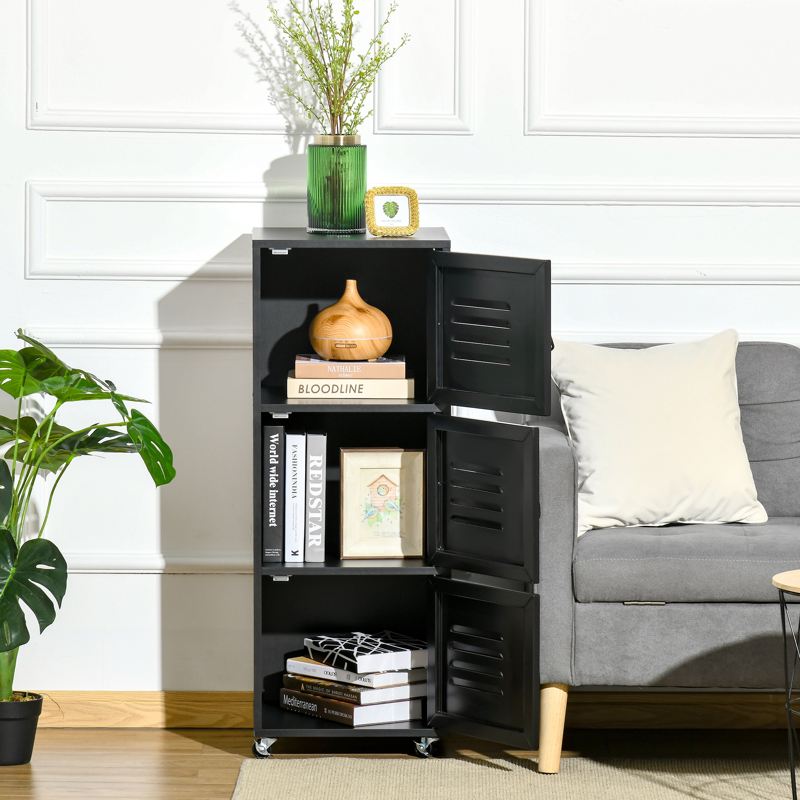 HOMCOM Rolling Storage Cabinet 3-Tier Mobile File Cabinet with Wheels & Metal Doors for Home Office, Living Room, Black