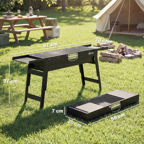 Outsunny Portable BBQ Grill, Foldable Charcoal Grill for Camping and Picnics with 2 Side Shelves and Handle, Black