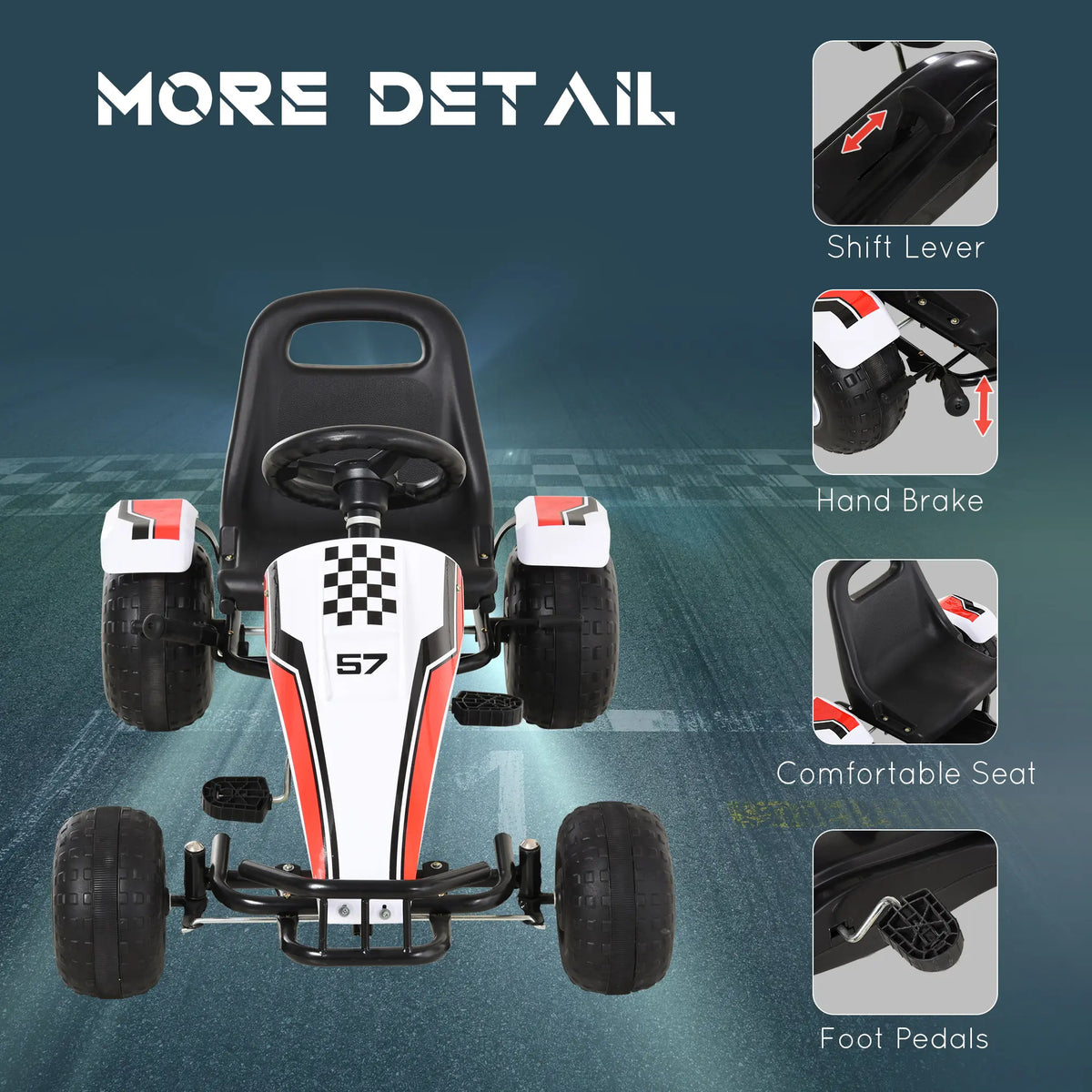 HOMCOM Kids Children Pedal Go Kart Manual Ride On Car w/ Brake Gears Steering Wheel Adjustable Seat 4 Smooth Wheels Racing-Style White 104 x 66 x 57 cm