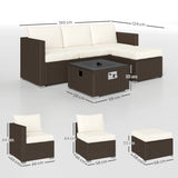 Outsunny Five Piece Rattan Garden Furniture Set with Gas Fire Pit Table and Footstool - Brown and Cream White