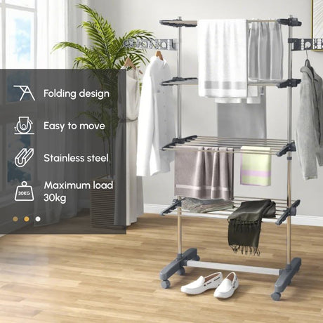 HOMCOM Four-Shelf Collapsing Clothes Horse, With Side Arms and Wheels - Grey