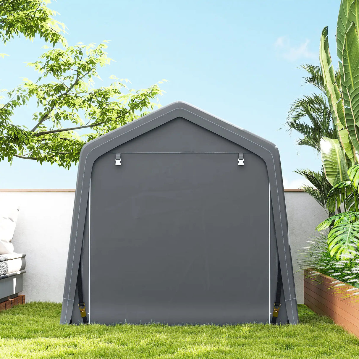 Outsunny 8 x 6.5 ft Outdoor Garden Storage Shed, Waterproof Bike Tent w/ Double Roll-up Zipper Door for Garden Tools, Dark Grey