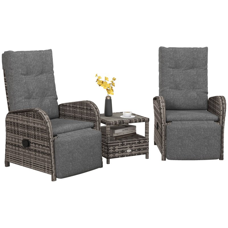 Outsunny 2 Seater Patio Rattan Chaise Lounge Sofa Set with Fabric Cushion, Grey and Brown