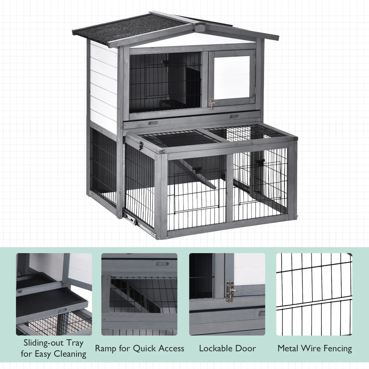 PawHut Rabbits 2-Tier Fur Wood Outdoor Hutch Guinea Pigs Hutches Grey