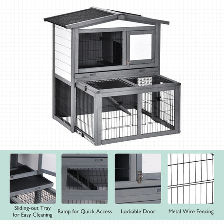 PawHut Rabbits 2-Tier Fur Wood Outdoor Hutch Guinea Pigs Hutches Grey