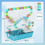 PawHut 4 Tier Hamster Cage w/ Tubes, Exercise Wheel, Hut, Water Bottle, Food Dish, Ramps, for Dwarf Hamster, Light Blue