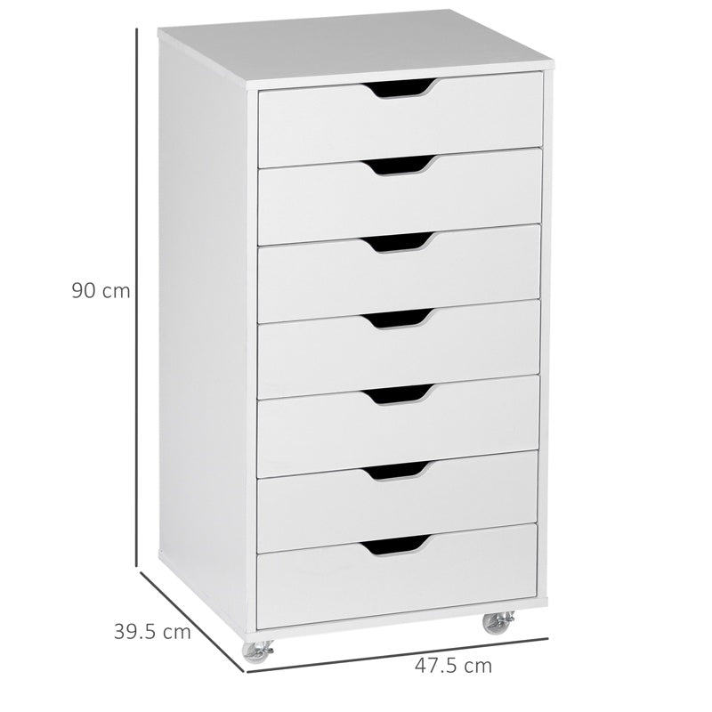 Vinsetto Vertical Filing Cabinet, 7-drawer File Cabinet, Mobile Office Cabinet on Wheels for Study, Home Office, White