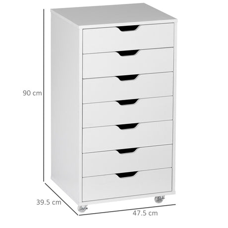 Vinsetto Vertical Filing Cabinet, 7-drawer File Cabinet, Mobile Office Cabinet on Wheels for Study, Home Office, White