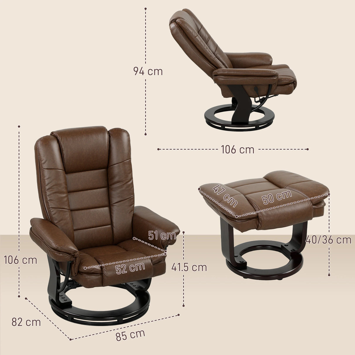 HOMCOM Faux Leather 135 Reclining Chair and Footstool - Brown