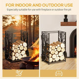 HOMCOM Steel Firewood Log Holder Indoor Outdoor Firewood Rack Fireplace Wood Storage Shelf with 4 Tools, Hooks, Tree Pattern Design, Rust-Resistant, Black, 46W x 30D x 70H cm