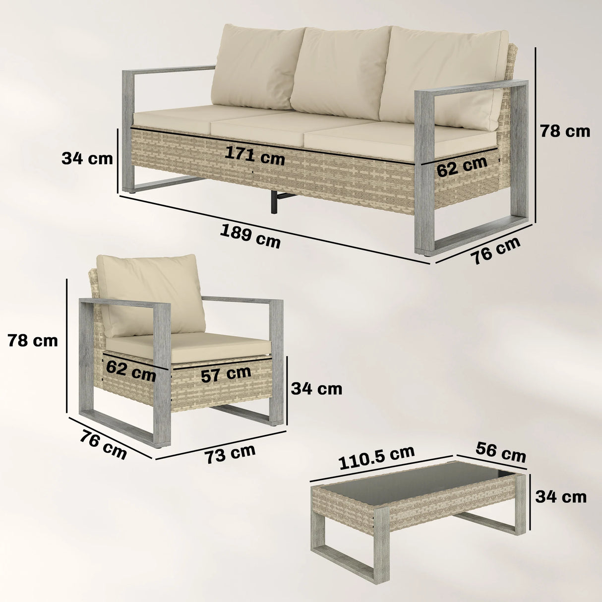 Outsunny 4 Piece Rattan Garden Furniture Set with 3-Seater Sofa, Armchairs, Table, Aluminium Frame Patio Conversation Set, Khaki