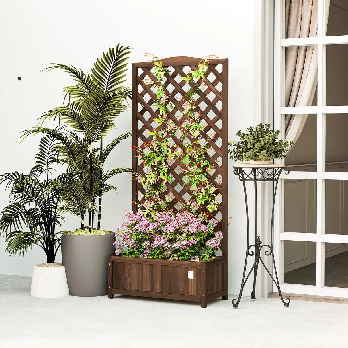 Outsunny 53L Garden Wooden Planter Box with Trellis Free Standing Flower Raised Bed with Lattice for Climbing Plants, 76cm x 36cm x 170cm, Dark Brown