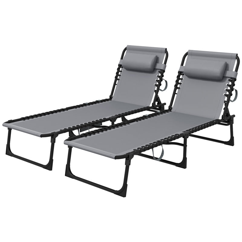 Outsunny Portable Sun Lounger Set of 2, Folding Camping Bed Cot, Reclining Lounge Chair 5-position Adjustable Backrest with Side Pocket, Pillow for Patio Garden Beach Pool, Grey