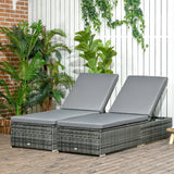 Outsunny PE Rattan Sun Loungers set of 2 with Cushion, Outdoor 2 Pieces Garden Sunbed Furniture with 5-Level Recliner Backrest, Reclining Patio Wicker Bed Chair, Grey