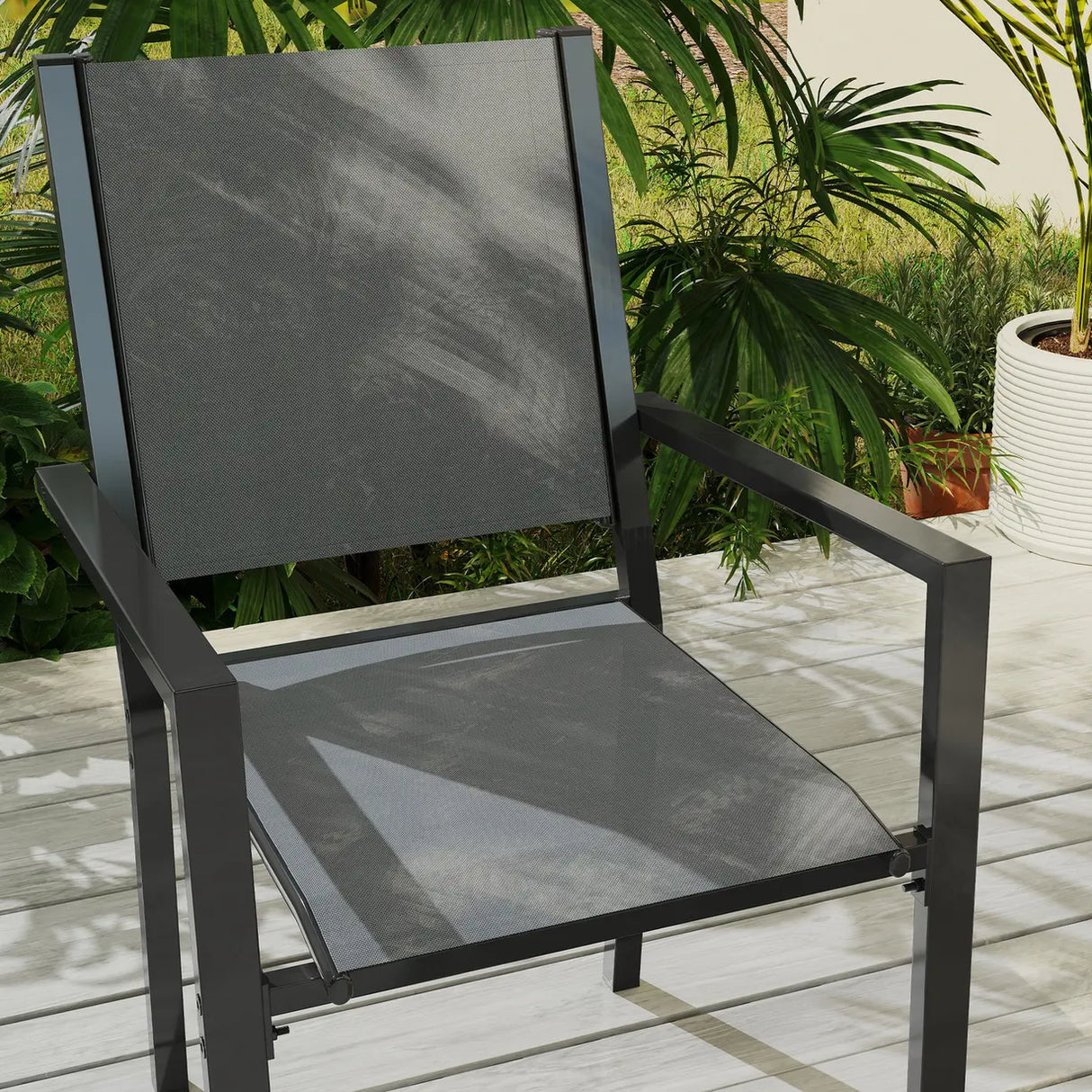 Outsunny 7 Piece Garden Dining Set, Outdoor Furniture Set with 6 Stackable Chairs and 150 cm Rectangle Table, WPC Slatted Top, Rust-Resistant Steel Frame, for Garden, Porch, Terrace
